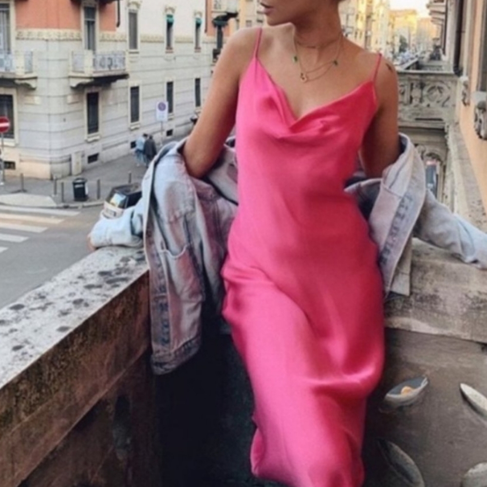 🌸 Zara Fuchsia Satin Silky Slip Midi Dress Drape